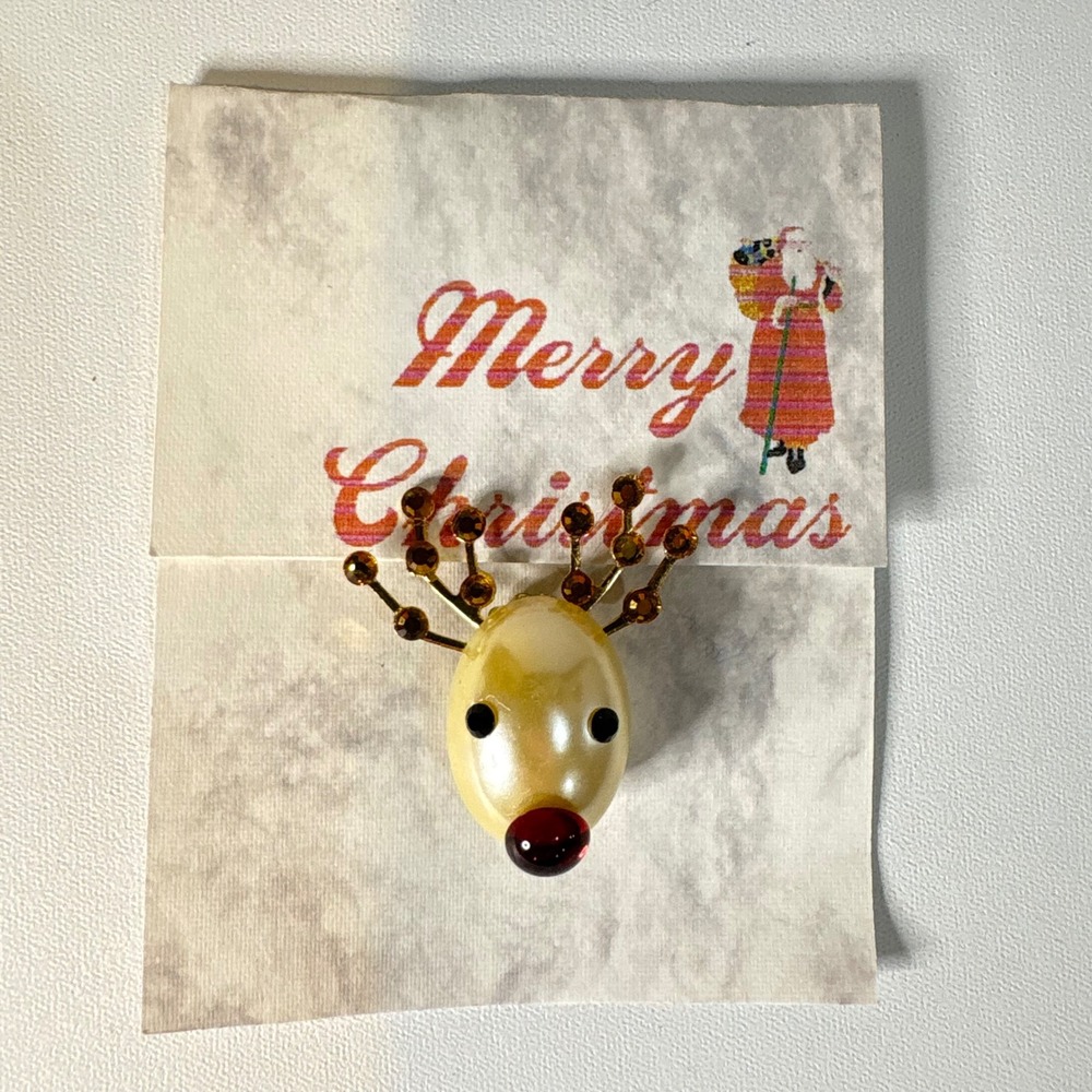 Vintage Reindeer Christmas Pin Brooch Faux Pearl Red Nose Amber Rhinestone Gold